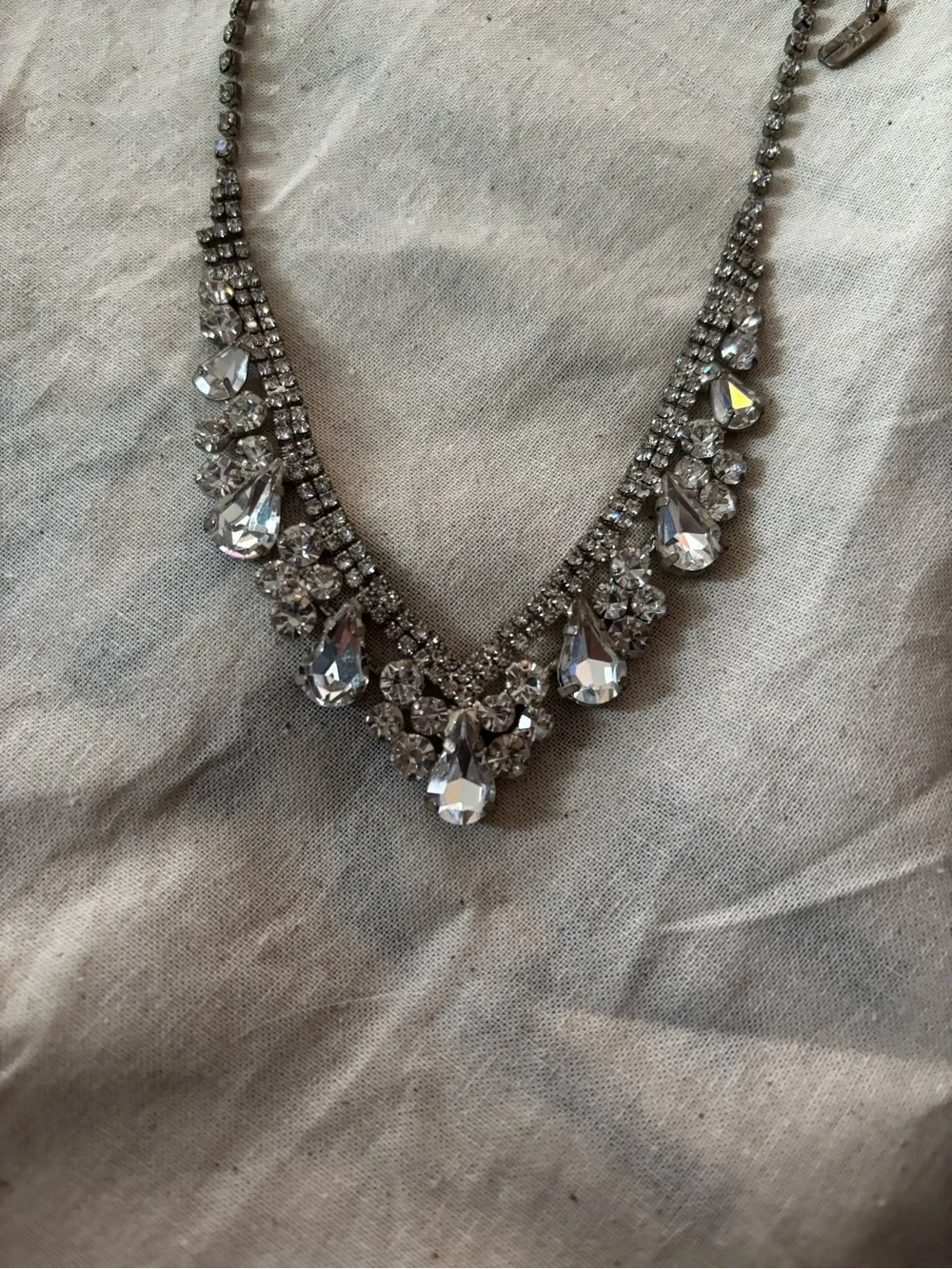 Silver Tone Rhinestone Statement Bib Necklace Crystal Teardrop Adjustable